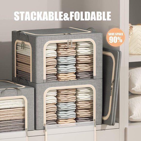 3 Openings Clothes Storage Bins with Metal Frame Foldable Storage Bin for Clothe - Picture 2 of 6